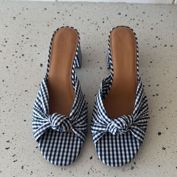 J. Crew Navy Gingham Knot Sandals Printed Mid Block Heel Women’s Size 10 EUC - Picture 2 of 14